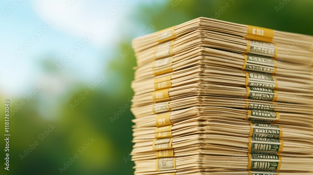 Poster stack of neatly bundled currency notes in soft natural light