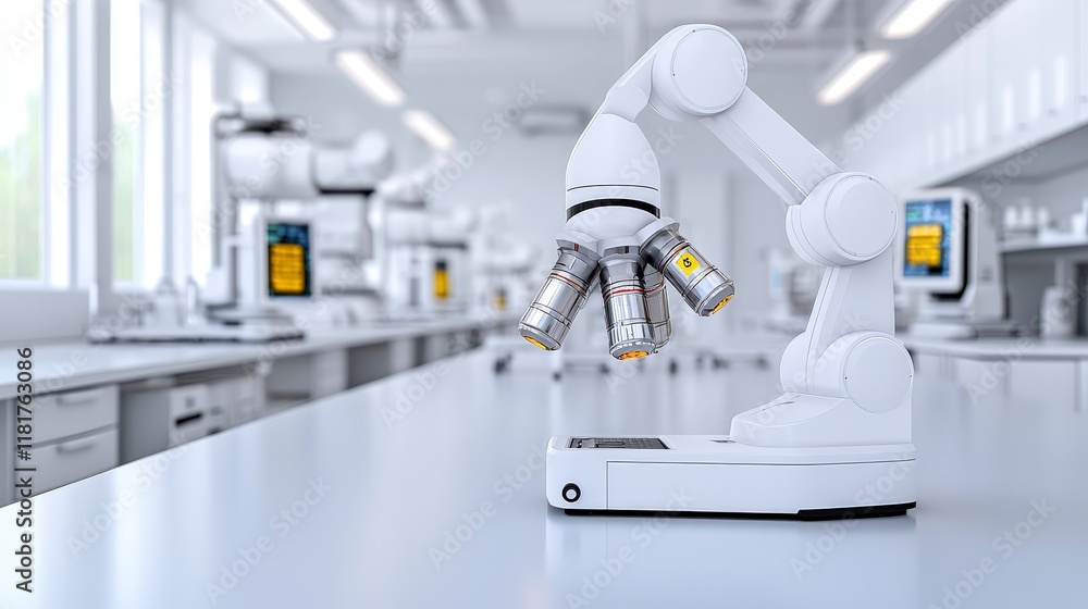 Poster robotic arm with microscopes in modern laboratory setting for scientific research and experimentatio