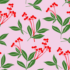 Vector - leaves and berries illustration seamless pattern.