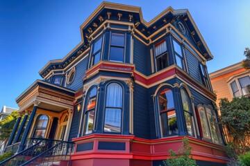 A Victorian house painted in rich, bold colors, featuring bay windows and a wraparound porch