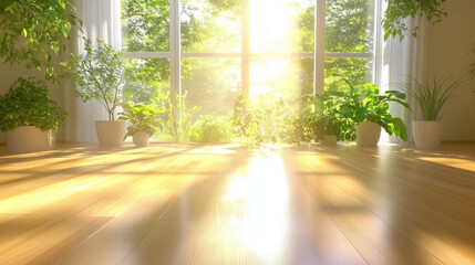 Sunlight streams through a window, casting enchanting shadows and warm hues on a wooden floor in an empty room adorned with lush greenery. High-resolution, hyper-realistic fine art photography capturi