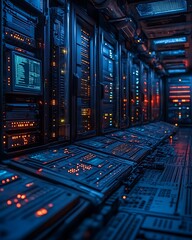 Futuristic server room with glowing consoles and racks.