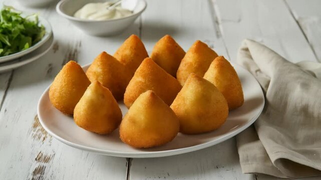Golden, crispy fried coxinhas arranged on a white plate, with a wooden table and side dishes nearby
