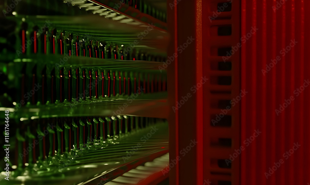 Poster abstract close-up of server rack interior, showcasing intricate hardware components illuminated in c