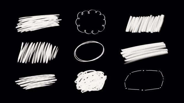 A Set of freeform circles, brush stroke stripes: Hand-drawn animation of pencil crayon, rough chalk scribble, marks, sketching elements on a transparent background, alpha channel.