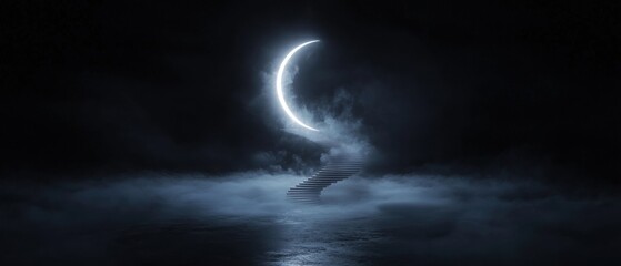 A dark sky with a glowing moon and a staircase in the fog