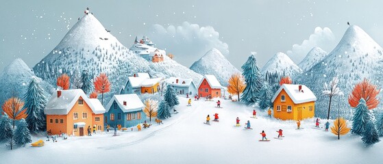 [winter sports photography camera ice] Quaint Winter Village Amidst Snowy Hills with Soft Low Sun Glow and Festive Decorations