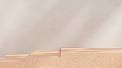 A 3D rendering of an empty space featuring a podium on a terrazzo-textured floor with a grey wall in a landscape layout, perfect for showcasing merchandise.