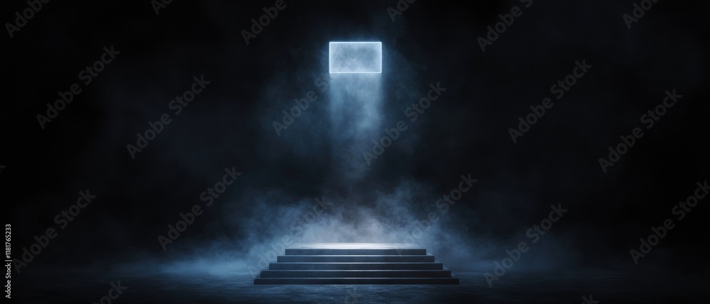 Poster a dark room with a foggy atmosphere and a large open box in the middle