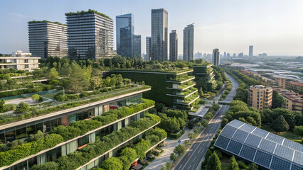 Futuristic urban landscape featuring green infrastructure, modern buildings, and solar panels. harmonious blend of nature and architecture in vibrant city setting