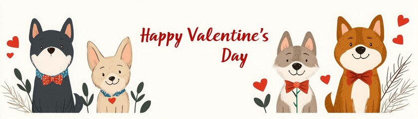 Valentine backgrounds feature charming pets. Four cute dogs celebrating Valentine's Day with hearts and decorations.