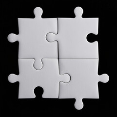 White puzzle pieces forming square shape isolated on black. Business and problem solving