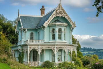 Fototapeta premium A Victorian mansion painted in soft pastel hues, with decorative trims and a steep roof