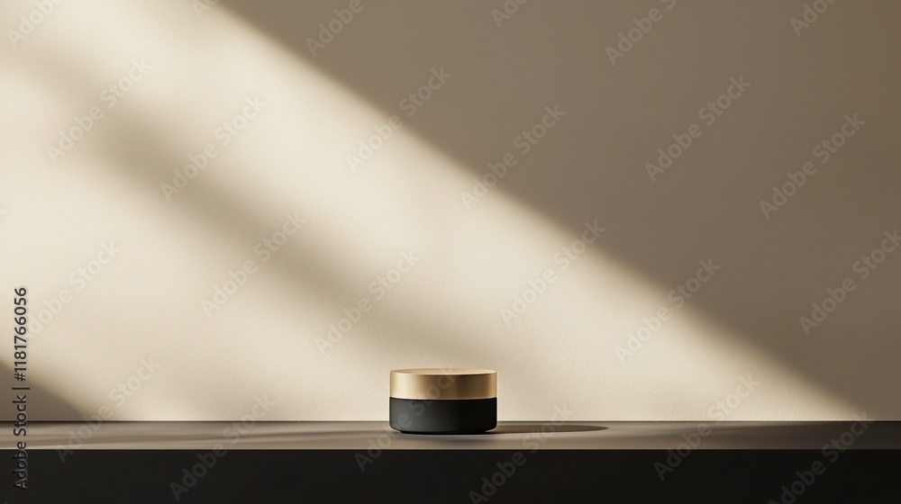 Poster minimalist container with gold lid on muted background in light