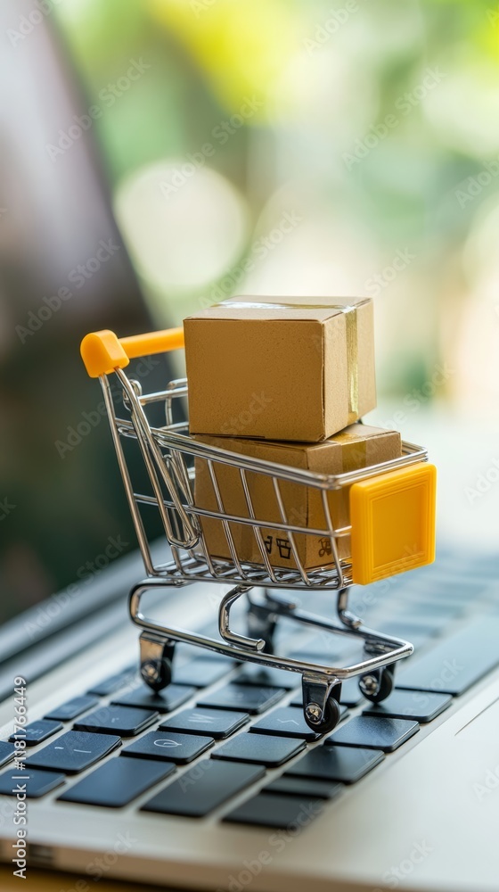 Poster miniature shopping cart carrying cardboard boxes is placed on a laptop keyboard, representing the co