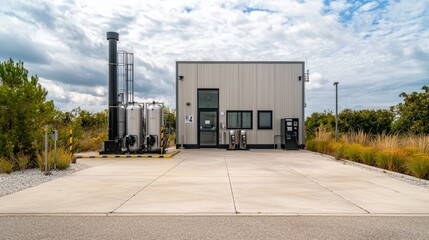 Modern Industrial Facility with Storage Tanks and Crisp Landscape under a Dramatic Cloudy Sky