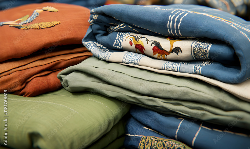 Poster stack of folded fabrics in earthy tones, showcasing textures and patterns. perfect for textile, fash