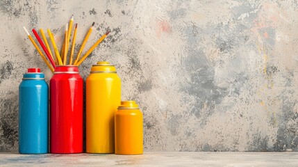 Colorful paint cans and pencils arranged artistically against a textured background for creative projects and designs