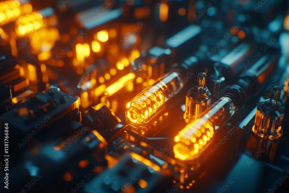 Poster glowing tubes and circuit board close-up showcasing a modern technological aesthetic with intricate 