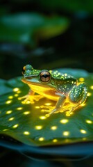 Naklejka premium In a serene rainforest, a vibrant frog with glowing skin rests on a lush green leaf. Its bioluminescent patterns illuminate the surrounding foliage, creating a magical atmosphere