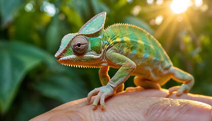 Obraz premium Close-up of a vibrant green chameleon on a hand, basking in the warm golden sunlight filtering through lush tropical foliage.