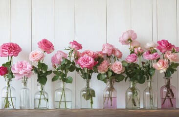 3 pink roses in glass vases on a wooden table, against a white background