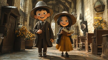 Fototapeta premium Children in Vintage Outfits in a Charming Sunny Interior Setting