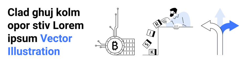 Male character handling risk blocks, cryptocurrency symbol, arrows representing direction and strategy. Ideal for financial services, investment, cryptocurrency, decision making, risk management