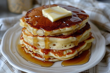 Fluffy Golden Pancakes Drizzled with Maple Syrup and Melted Butter on a White Ceramic Plate, Breakfast Delight