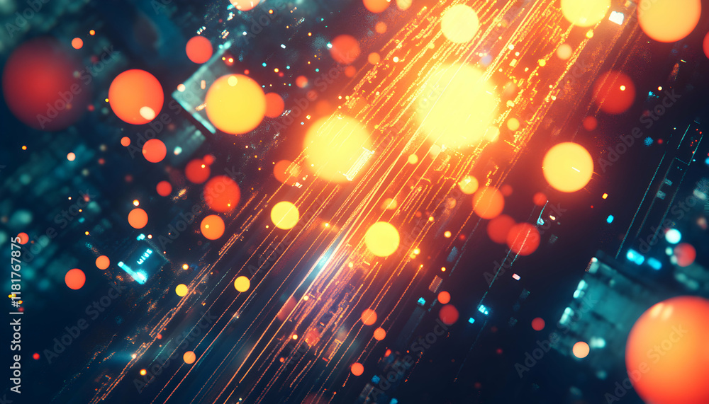 Poster abstract digital art depicting vibrant glowing orbs and streaks of light, creating a futuristic and 