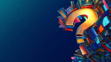 Golden question mark formed by colorful books on a dark blue background.