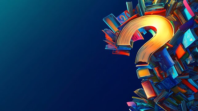 Golden question mark formed by colorful books on a dark blue background.