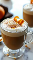 A rich cappuccino sits in a glass cup, beautifully topped with frothy cream and garnished with citrus zest. This drink is being savored in a warm café ambiance, perfect for relaxation