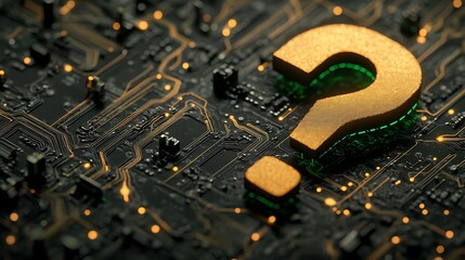 Golden question mark on circuit board.