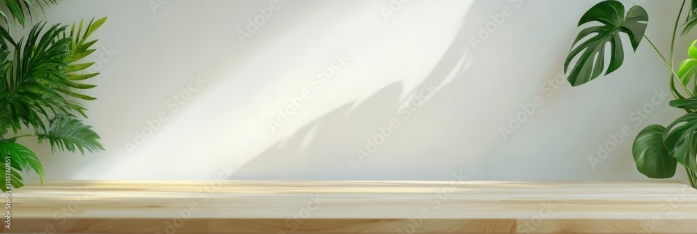 Poster Empty wooden tabletop with tropical plants and shadow overlay creating a serene and natural backdrop, ideal for showcasing products or designs in a kitchen setting