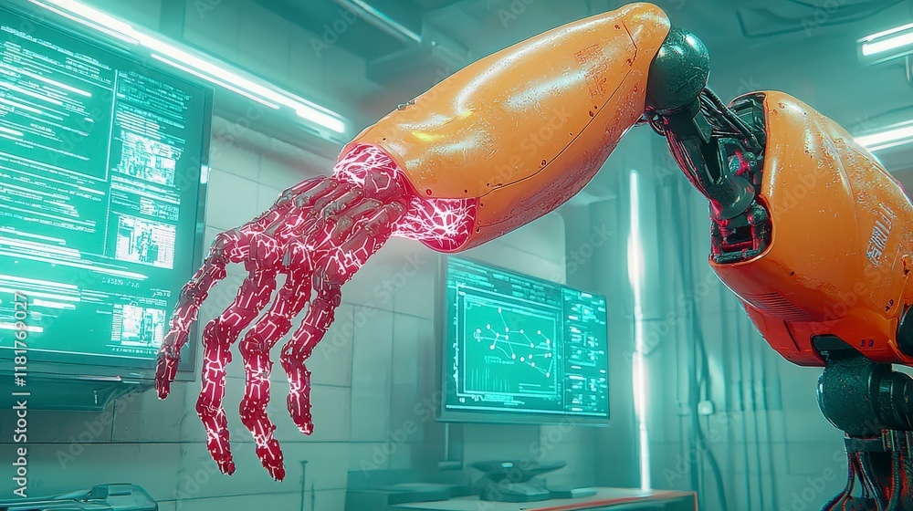Poster futuristic robot arm with glowing technology in modern laboratory setting for advanced innovation co