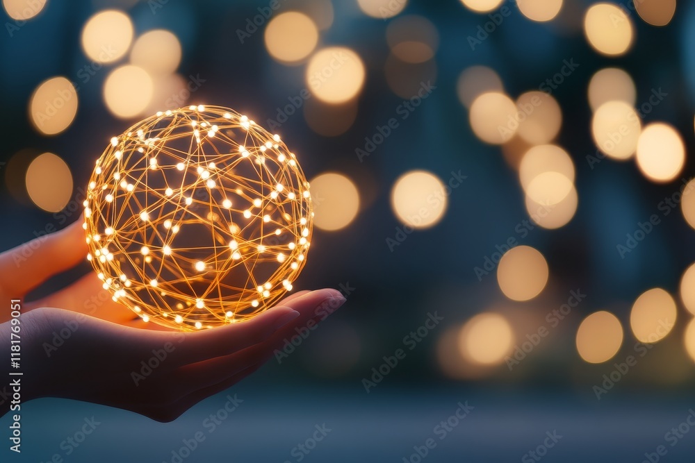 Poster hand holding a glowing sphere with light strings against a background of soft bokeh lights, symboliz
