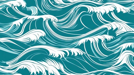 Fototapeta premium Abstract ocean waves pattern, teal background, white flowing lines, wave illustration, nature inspired design