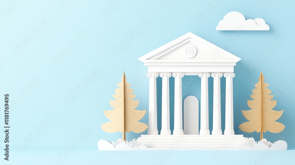 Poster white classical building with trees on soft blue background
