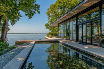 A waterfront home with expansive glass walls and a private dock blending into the serene water