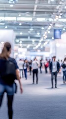A blurred image of people walking in a spacious venue, likely an exhibition or trade show, showcasing a bustling atmosphere.