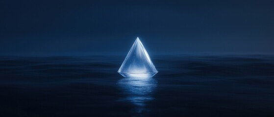 A blue crystal shaped like a pyramid is floating in the water