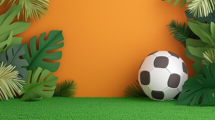 Playful Soccer Ball Surrounded by Tropical Foliage and Vibrant Wall