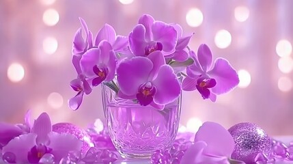 Delicate Purple Orchids in Crystal Vase, Sparkling Background