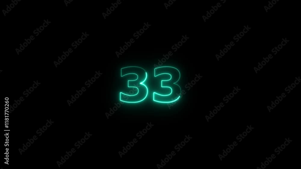 Poster abstract glowing neon text 33 number countdown icon. neon numeric number 33 animation.