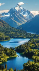 Naklejka premium Majestic mountains surrounded by serene lakes reflect the beauty of nature in a tranquil landscape showcasing lush greenery and snow-capped peaks at sunrise