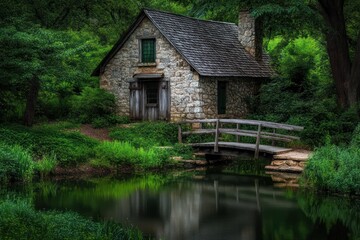 Obraz premium A weathered stone cottage with a small wooden bridge over a tranquil pond, surrounded by lush greenery