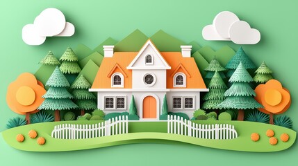 Fototapeta premium Charming Paper Cut Style House Surrounded by Trees and Nature