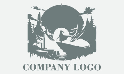 Gray design of girl standing near water, under trees and arc. Suitable for naturethemed projects, book covers, dark anime or website backgrounds and vector