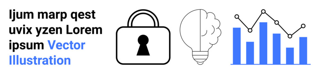 Lock icon representing security next to a lightbulb symbolizing ideas, followed by a bar graph with a line chart overlay indicating data analysis. Ideal for business strategy, innovation, data